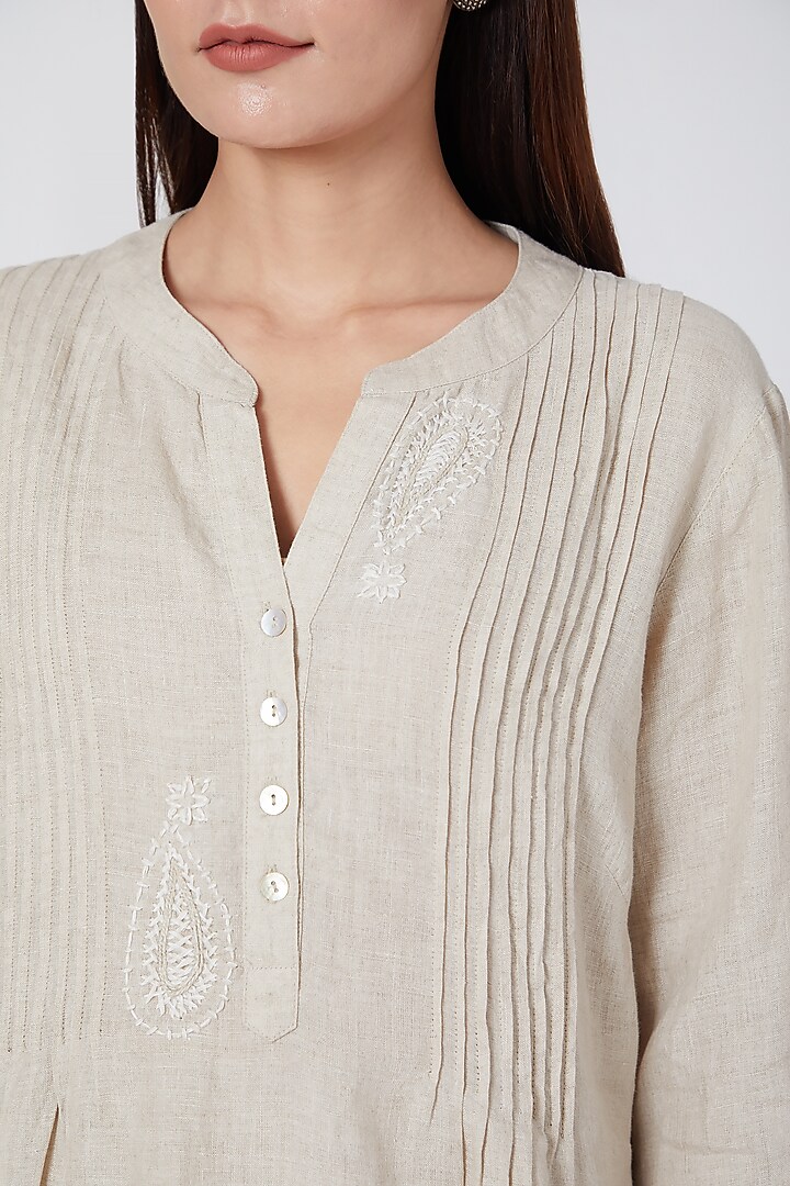 Beige pleated top with hand work by Linen Bloom at Pernia's Pop Up Shop