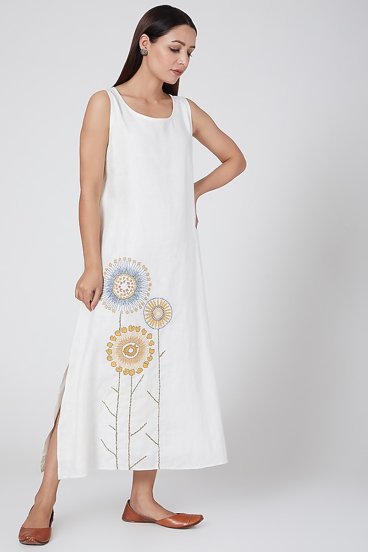 Ivory embroidered dress with lining by Linen Bloom