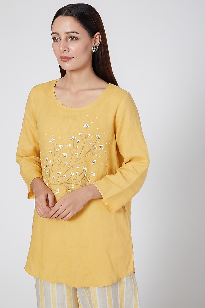 Ochre top with embroidery by Linen Bloom at Pernia's Pop Up Shop
