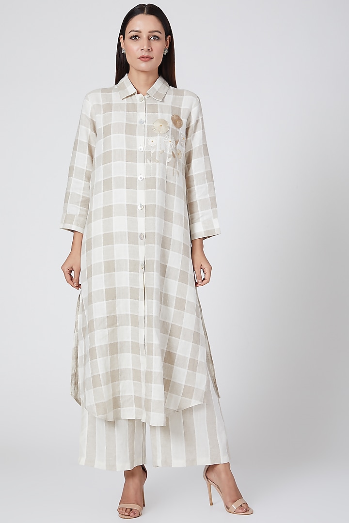 Beige and white checks tunic by Linen Bloom