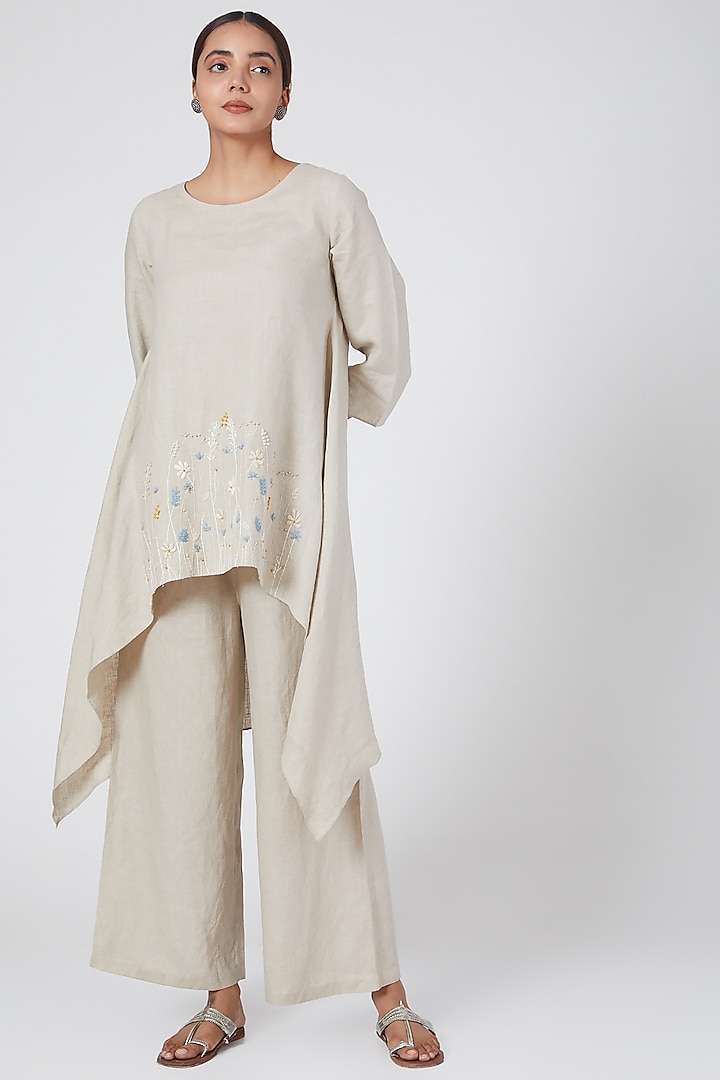 Beige Embroidered Tunic by Linen Bloom