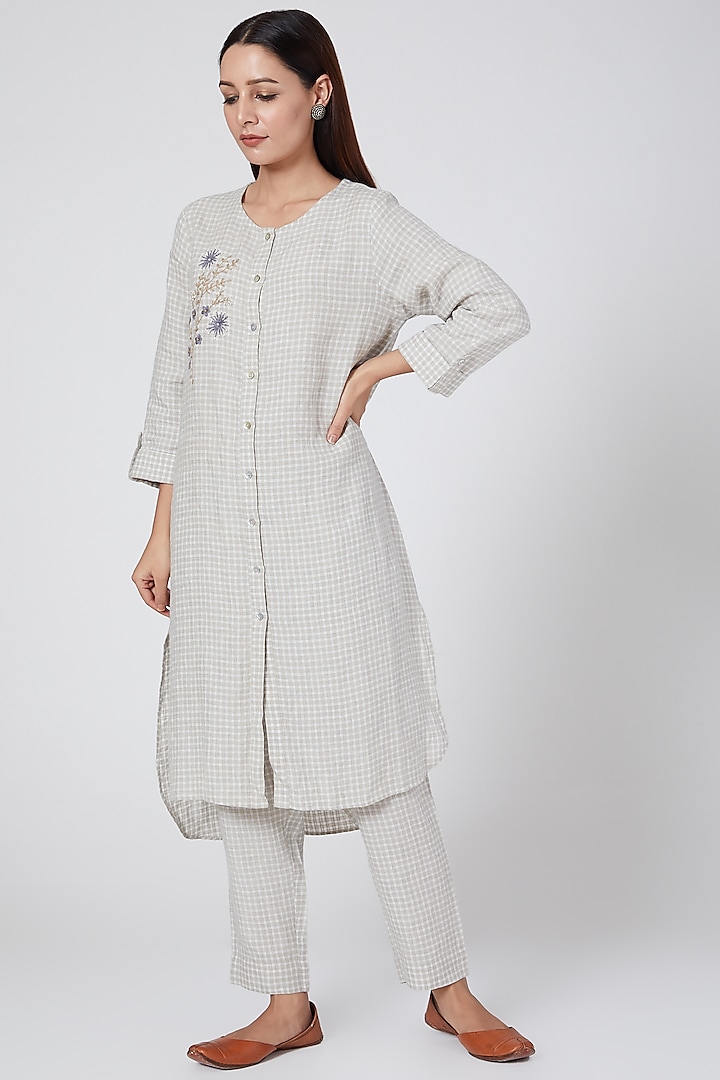 Blue Checks Embroidered Tunic by Linen Bloom at Pernia's Pop Up Shop
