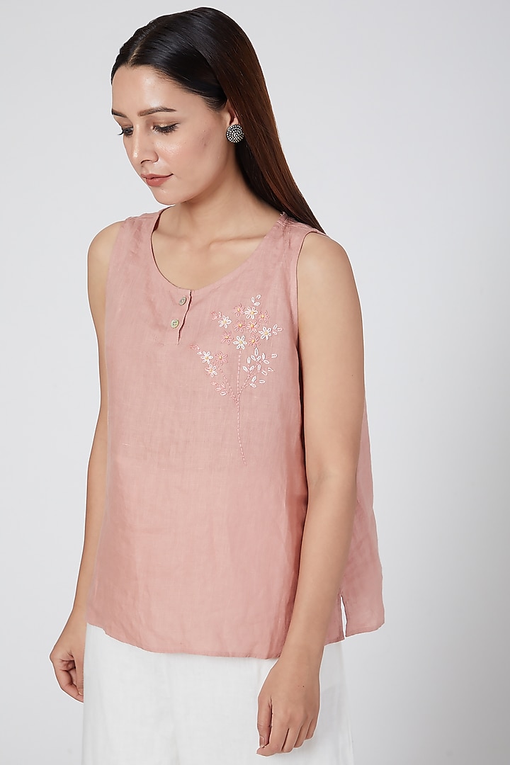 Pink Embroidered Top by Linen Bloom