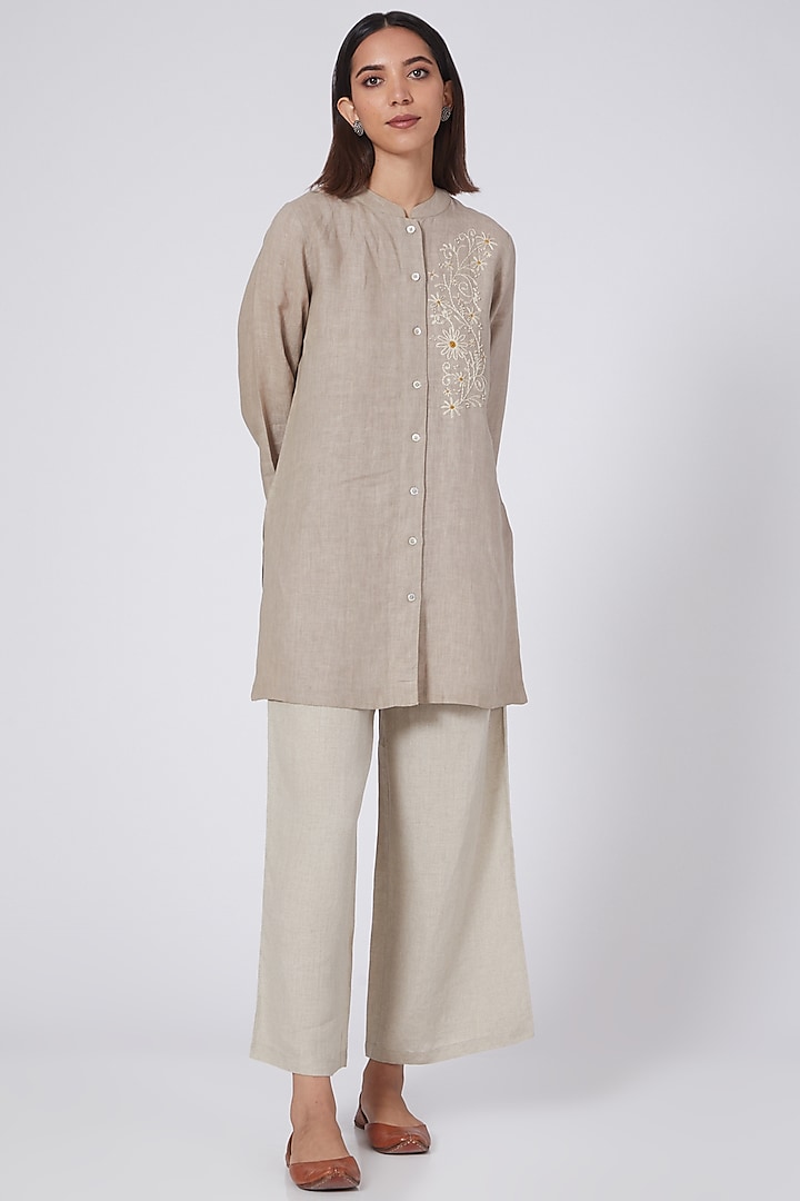 Brown Khaki Hand Embroidered Tunic by Linen Bloom