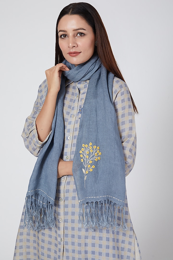 Blue Embroidered Scarf by Linen Bloom
