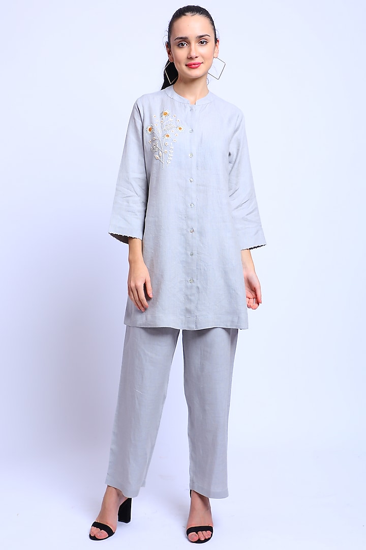 Silver Grey Embroidered Shirt Tunic by Linen Bloom