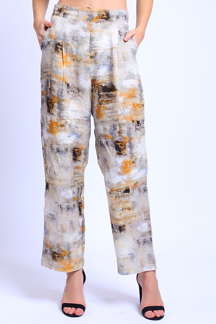 Grey Printed Pants by Linen Bloom