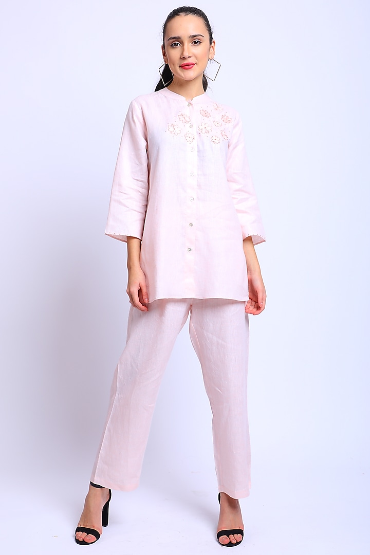 Pink Embroidered Shirt by Linen Bloom