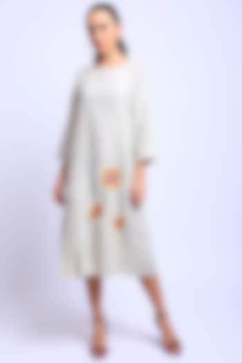 Beige Embroidered Pleated Dress by Linen Bloom