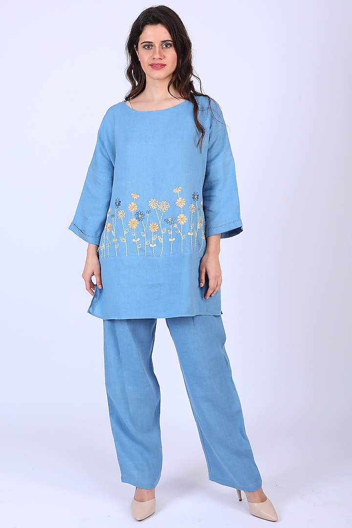 Blue Embroidered Blouse by Linen Bloom