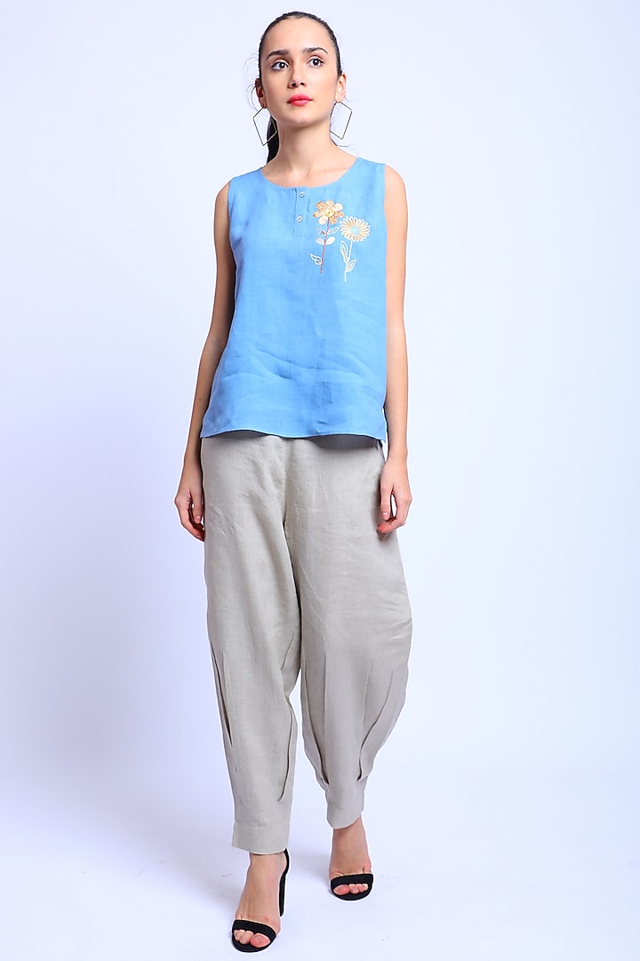 Blue Embroidered Top by Linen Bloom