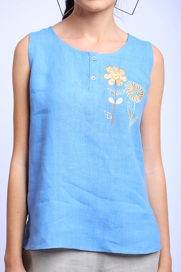 Blue Embroidered Top by Linen Bloom at Pernia's Pop Up Shop