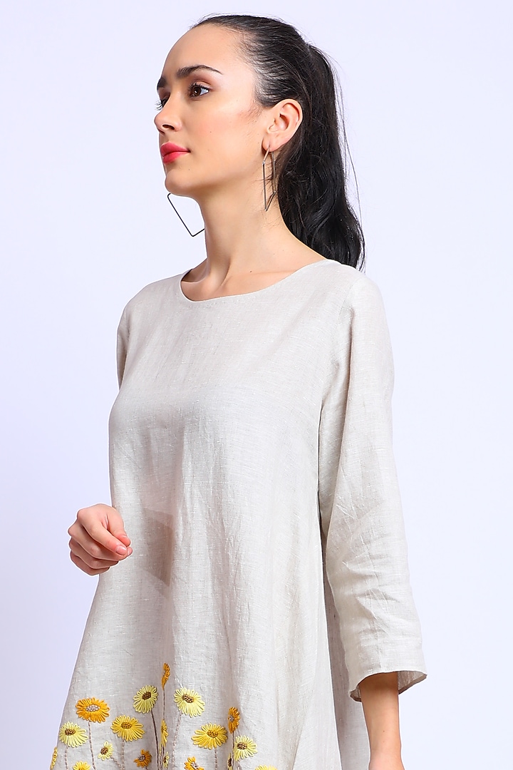 Beige Embroidered Asymmetrical Tunic by Linen Bloom