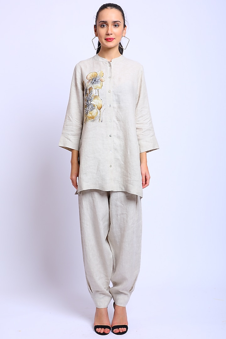 Beige Hand Painted Tunic by Linen Bloom