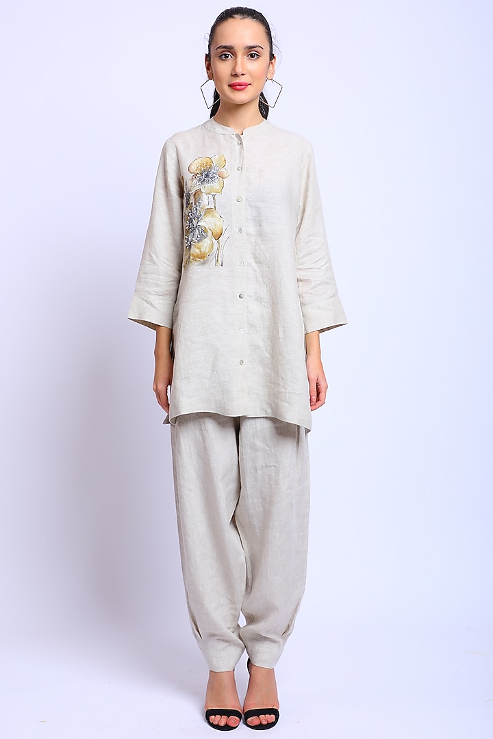 Beige Hand Painted Tunic by Linen Bloom at Pernia's Pop Up Shop