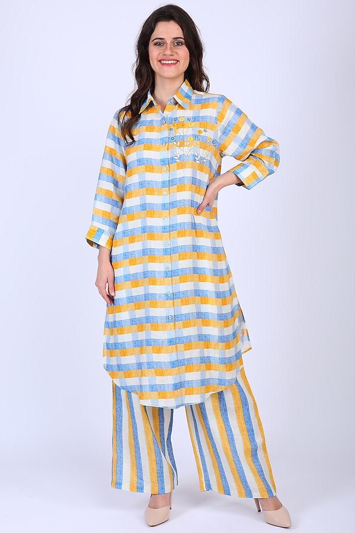 Ochre & Blue Embroidered Tunic by Linen Bloom at Pernia's Pop Up Shop