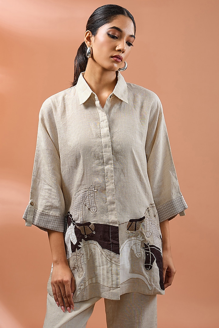 Beige Linen Horse Patch Work Embroidered Shirt by Linen Bloom at Pernia's Pop Up Shop