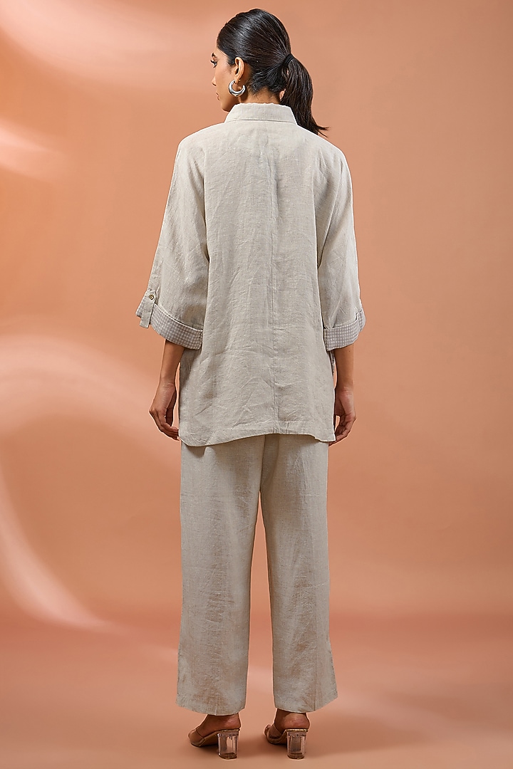 Beige Linen Horse Patch Work Embroidered Shirt by Linen Bloom at Pernia's Pop Up Shop