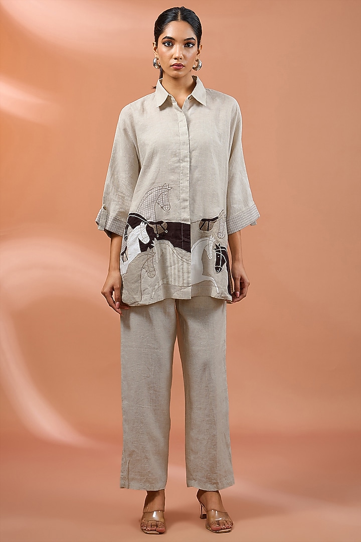 Beige Linen Horse Patch Work Embroidered Shirt by Linen Bloom at Pernia's Pop Up Shop