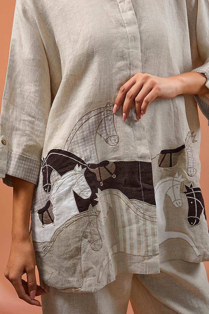Beige Linen Horse Patch Work Embroidered Shirt by Linen Bloom at Pernia's Pop Up Shop
