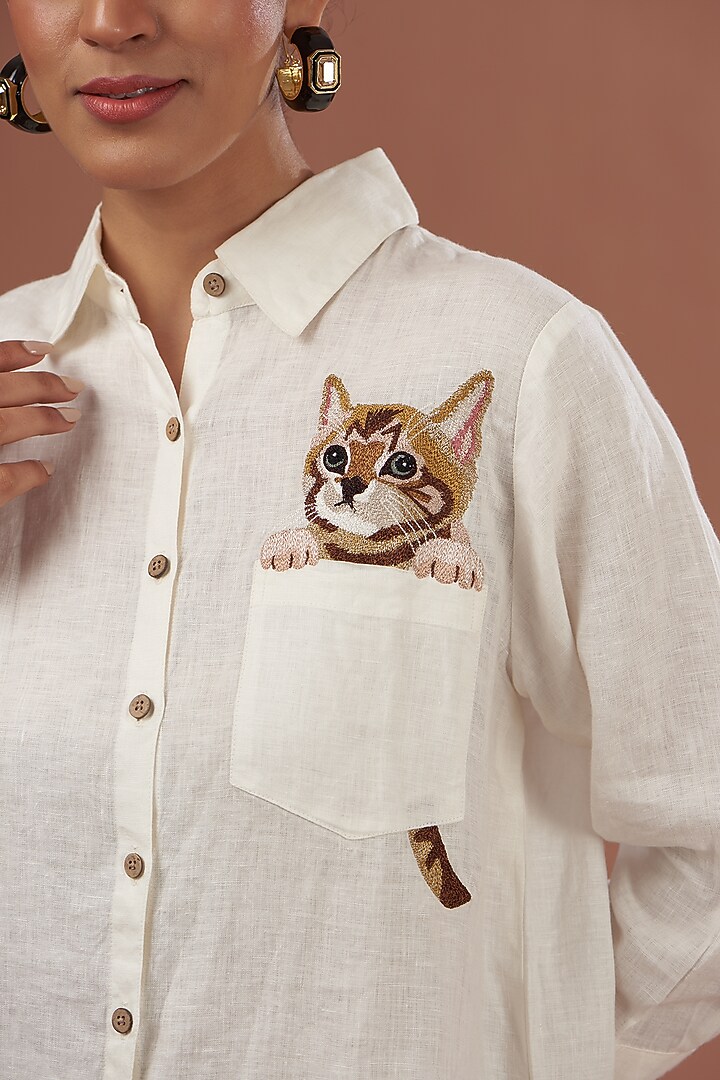 White Linen Embroidered Shirt by Linen Bloom at Pernia's Pop Up Shop