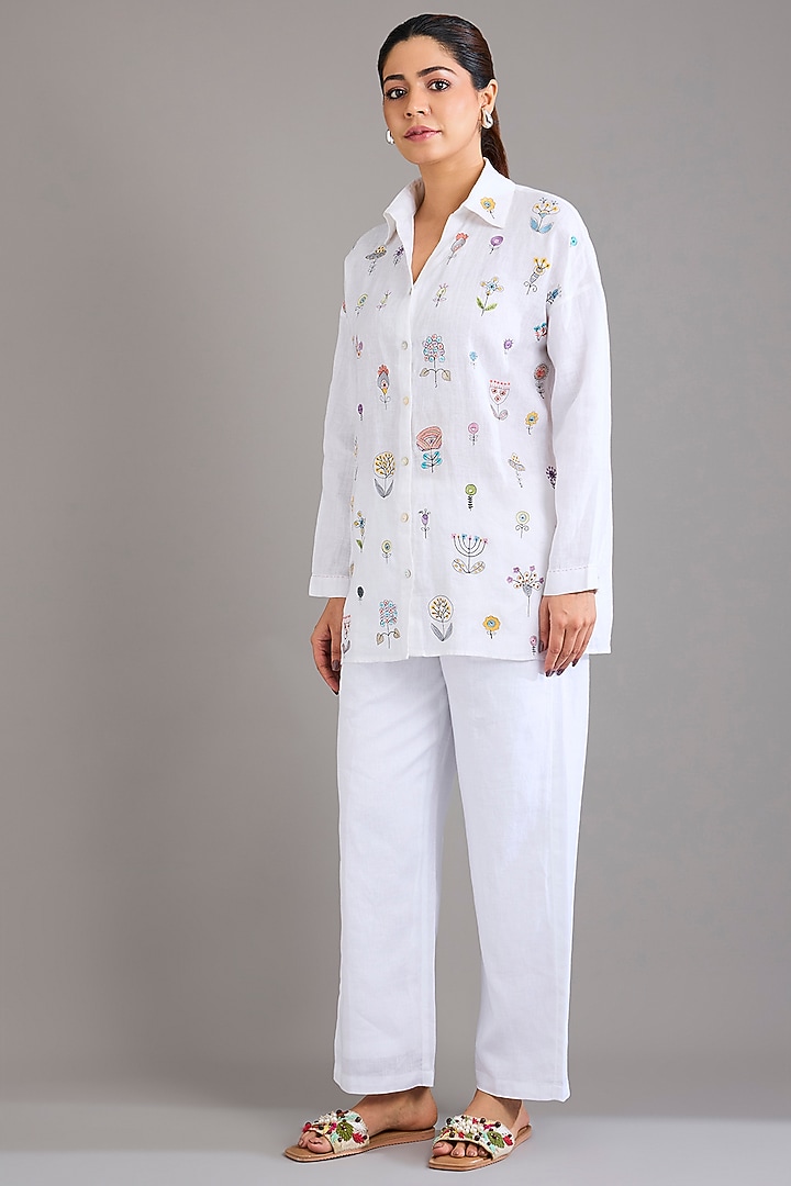 White Linen Floral Embroidered Shirt by Linen Bloom at Pernia's Pop Up Shop