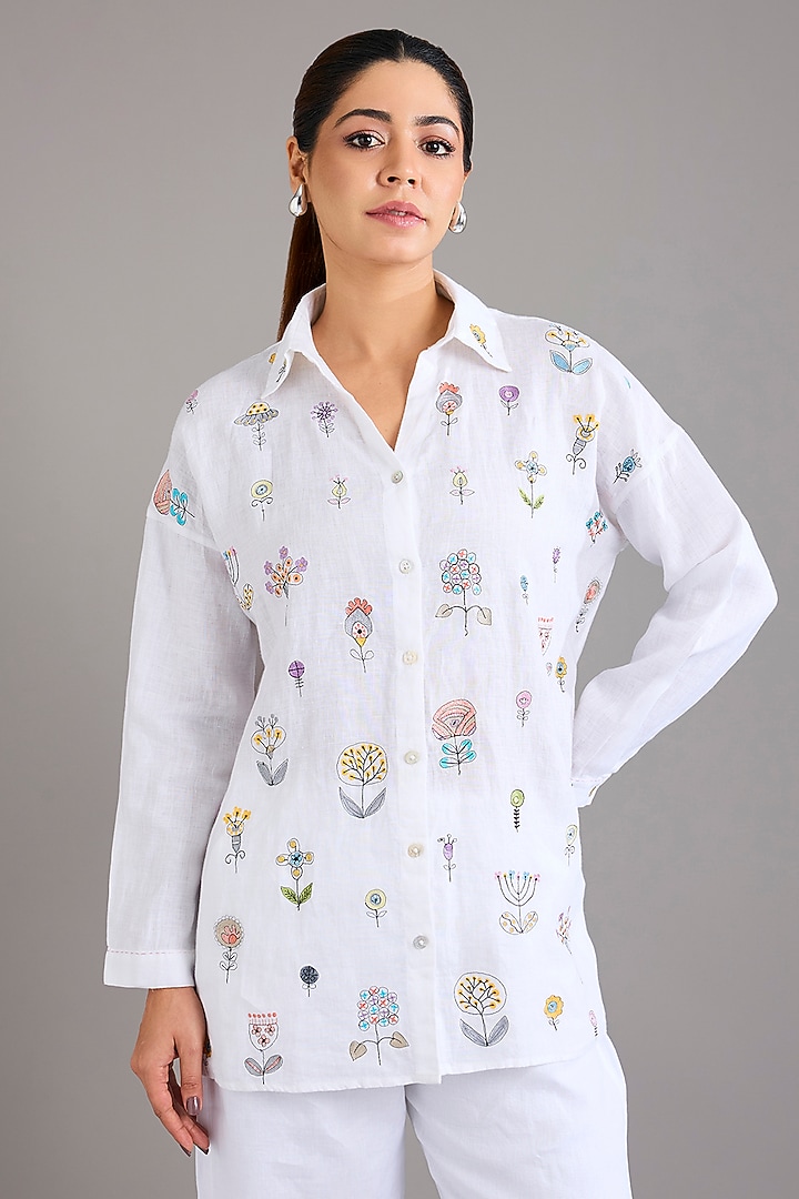 White Linen Floral Embroidered Shirt by Linen Bloom at Pernia's Pop Up Shop