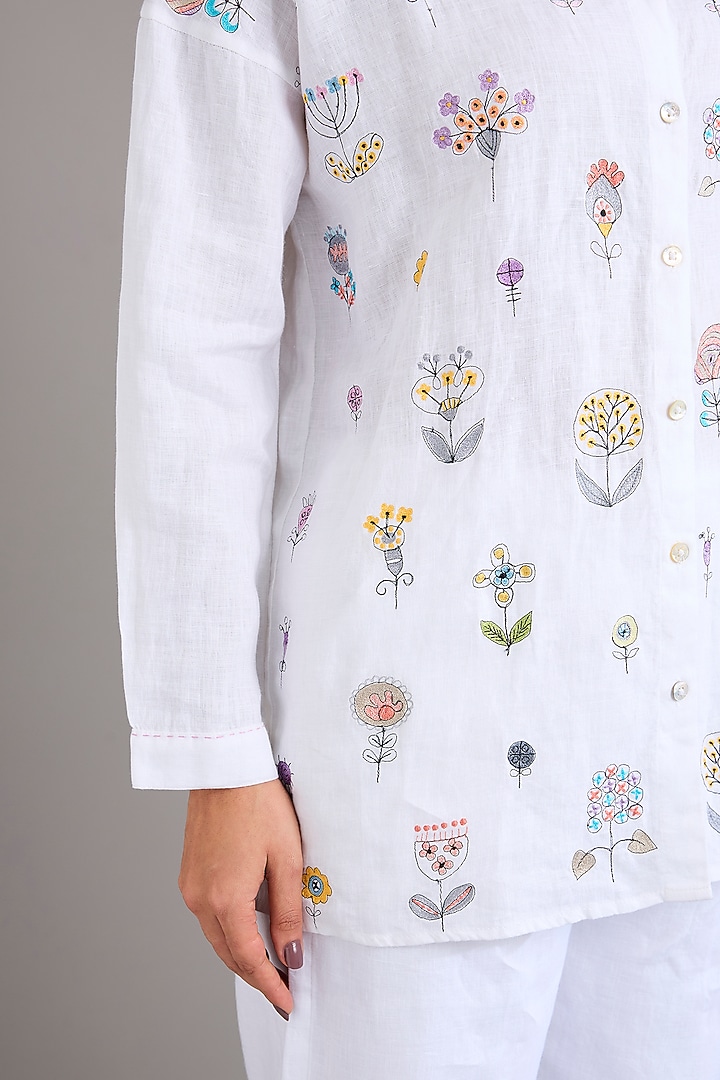 White Linen Floral Embroidered Shirt by Linen Bloom at Pernia's Pop Up Shop