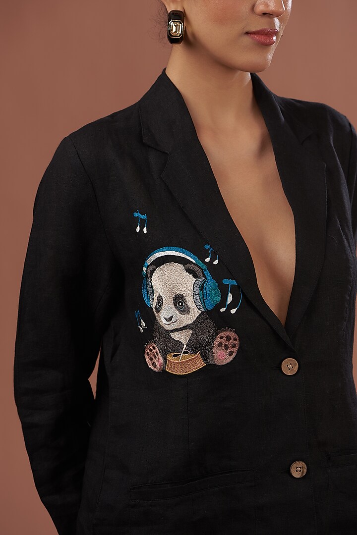 Black Linen Embroidered Blazer by Linen Bloom at Pernia's Pop Up Shop