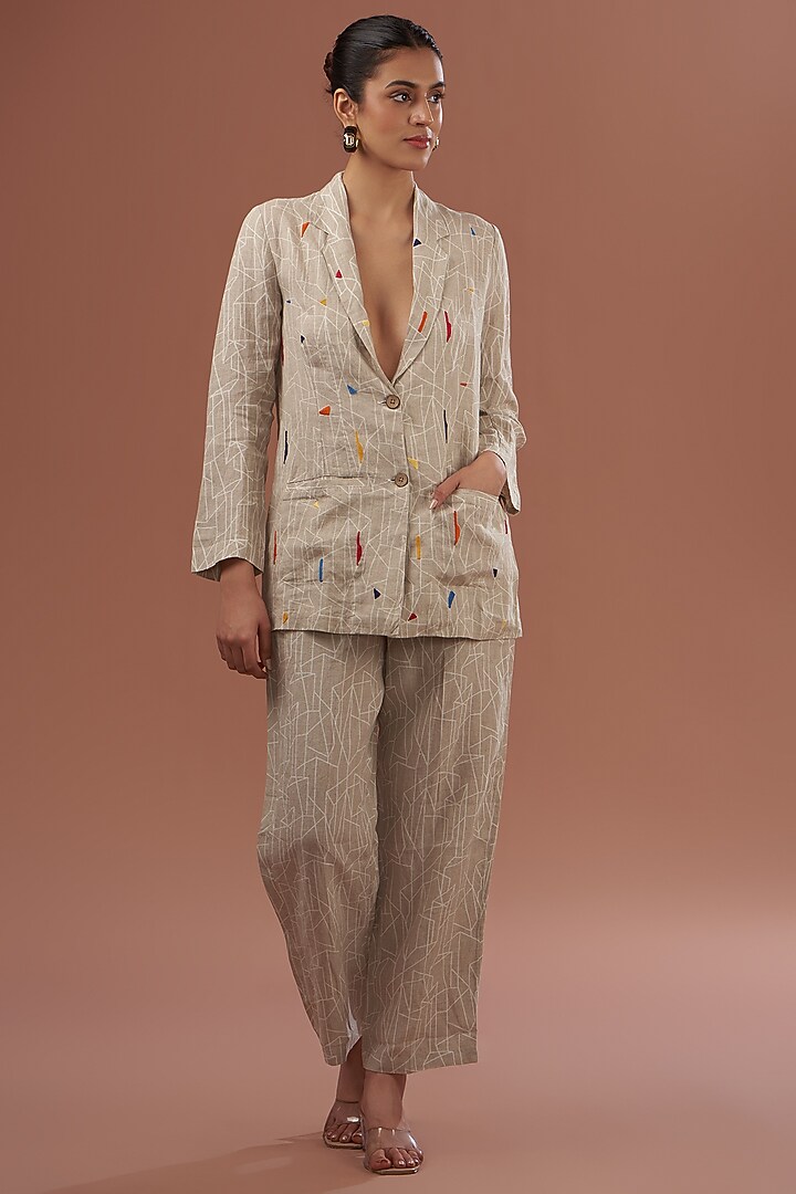 Beige Linen Geometric Printed Pants by Linen Bloom at Pernia's Pop Up Shop
