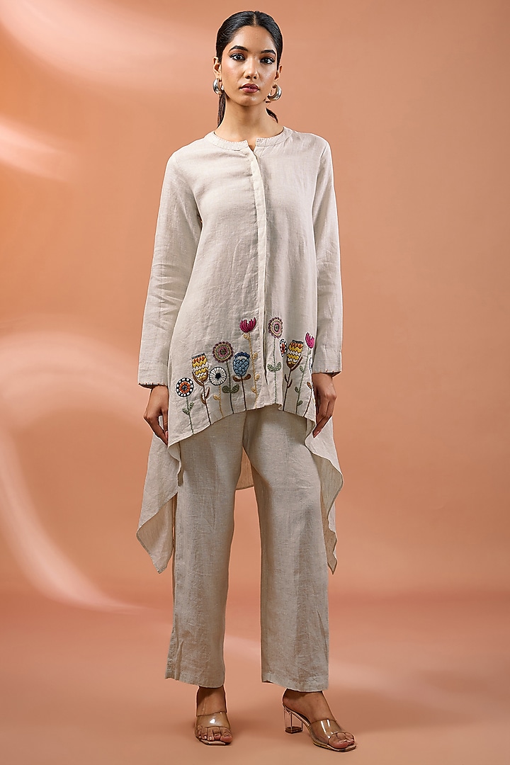 Beige Linen Floral Hand Embroidered High-Low Tunic by Linen Bloom at Pernia's Pop Up Shop