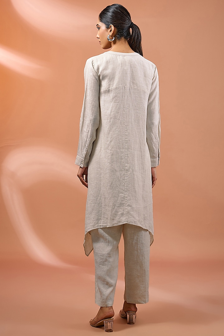Beige Linen Floral Hand Embroidered High-Low Tunic by Linen Bloom at Pernia's Pop Up Shop