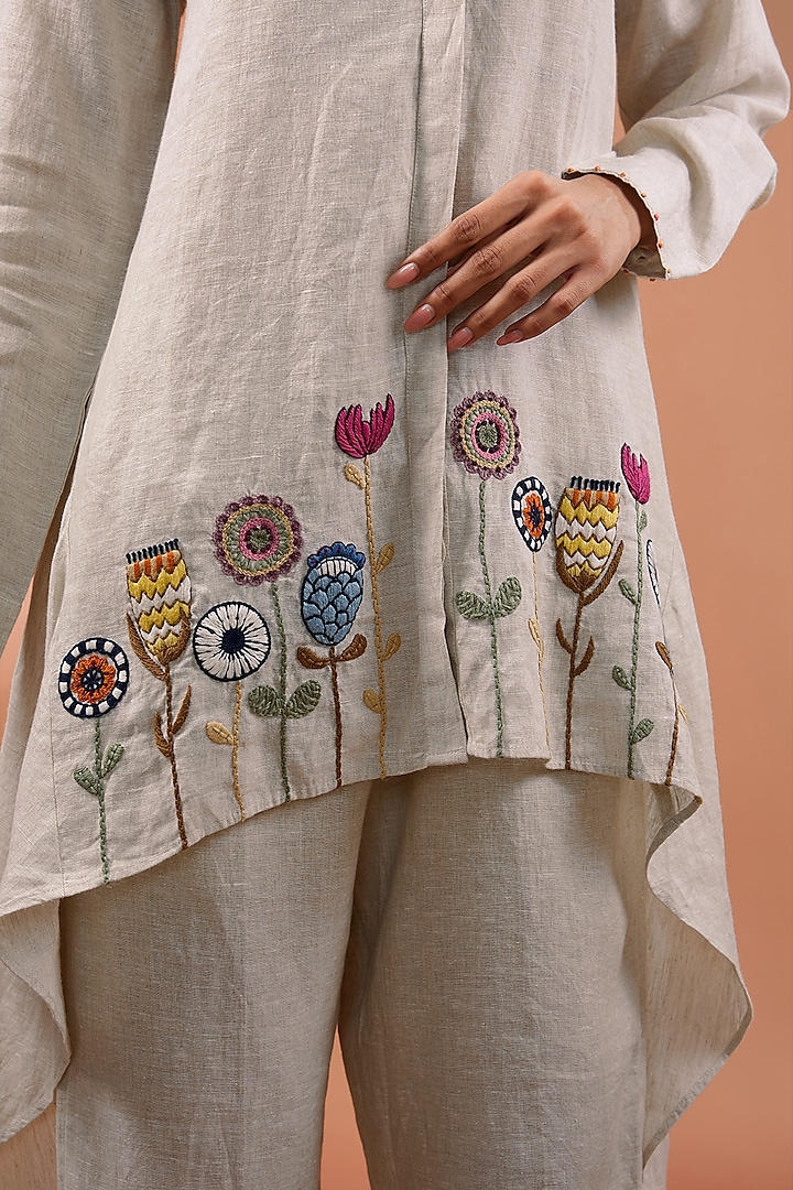 Beige Linen Floral Hand Embroidered High-Low Tunic by Linen Bloom at Pernia's Pop Up Shop