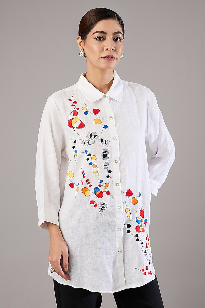 White Linen Embroidered Shirt by Linen Bloom at Pernia's Pop Up Shop