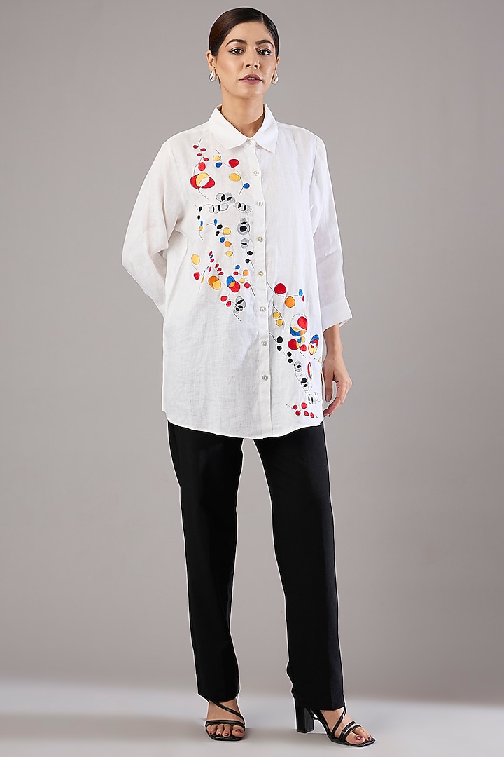 White Linen Embroidered Shirt by Linen Bloom at Pernia's Pop Up Shop
