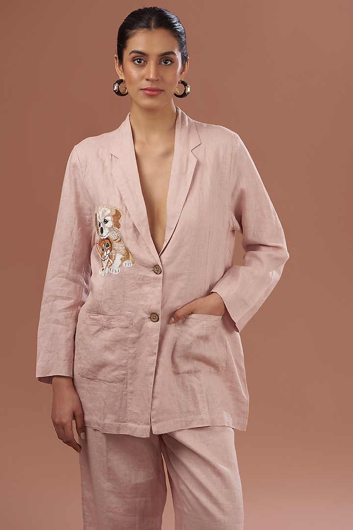 Light Pink Linen Embroidered Blazer by Linen Bloom