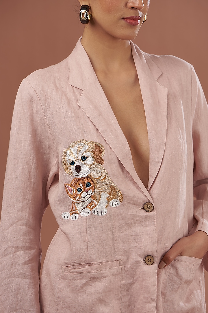 Light Pink Linen Embroidered Blazer by Linen Bloom at Pernia's Pop Up Shop