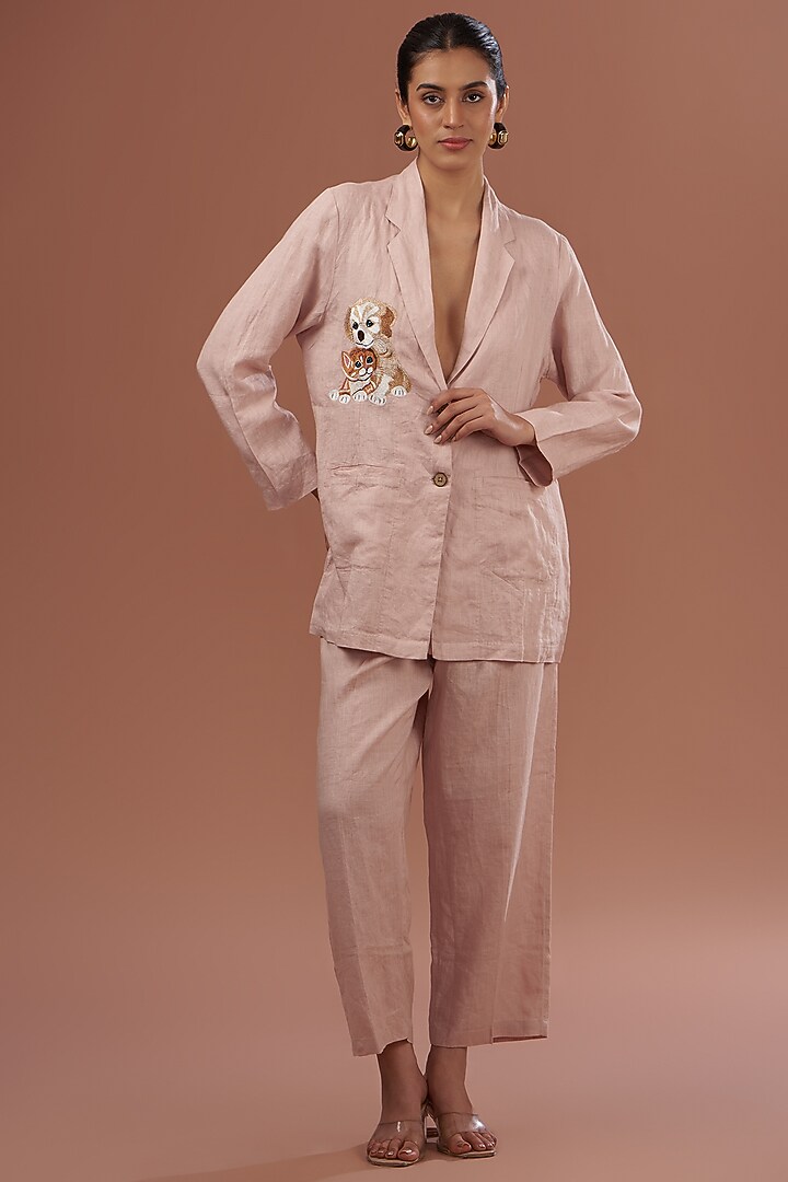 Light Pink Linen Embroidered Blazer by Linen Bloom at Pernia's Pop Up Shop