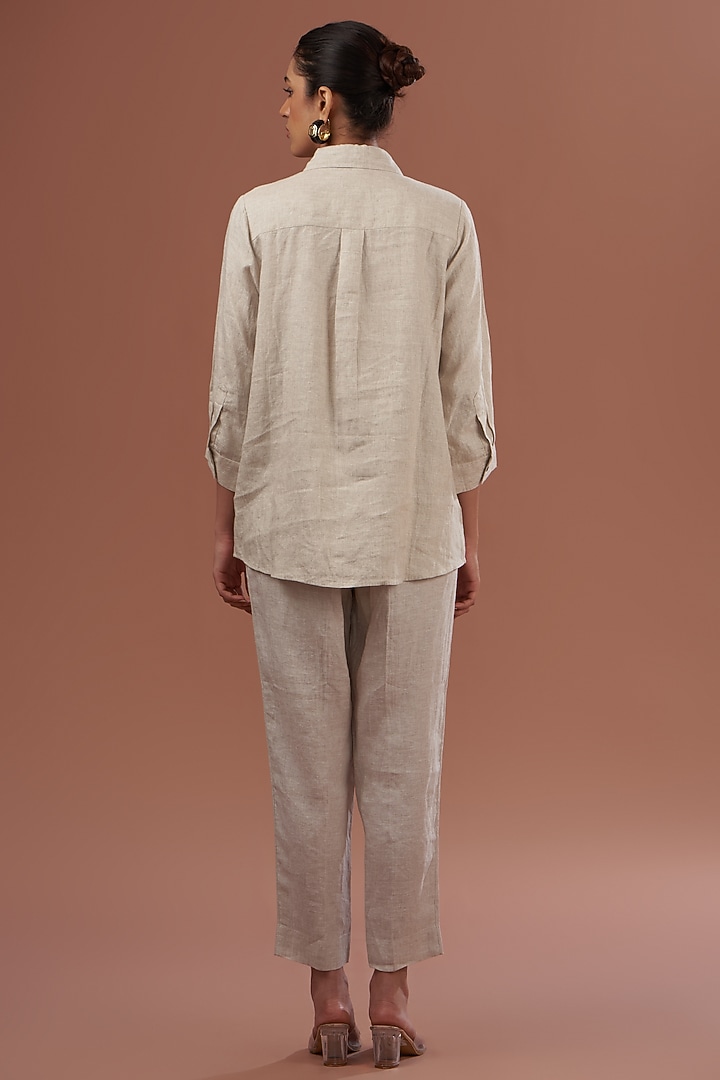 Beige Linen Embroidered Shirt by Linen Bloom at Pernia's Pop Up Shop