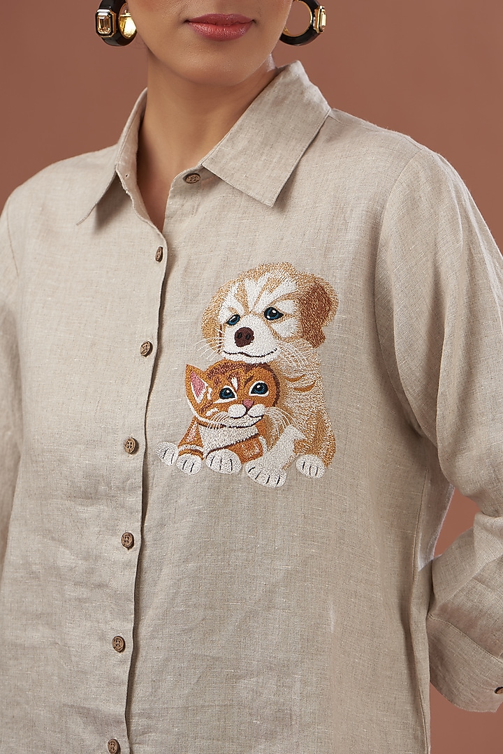Beige Linen Embroidered Shirt by Linen Bloom at Pernia's Pop Up Shop