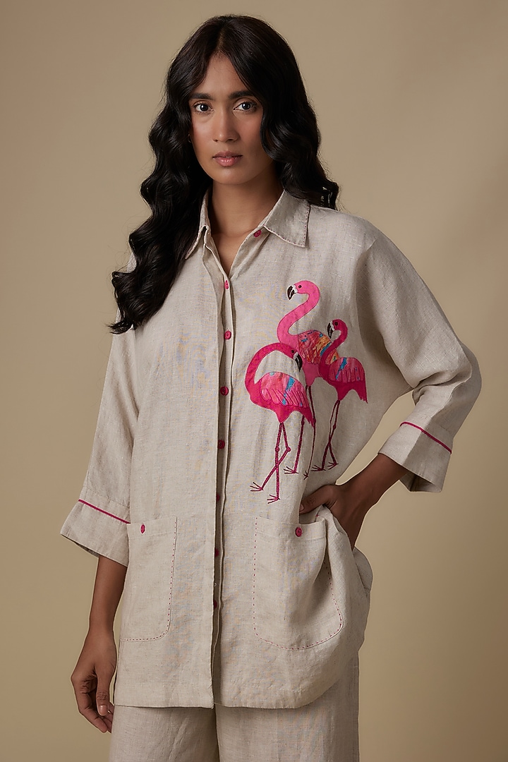 Beige Linen Shirt by Linen Bloom at Pernia's Pop Up Shop