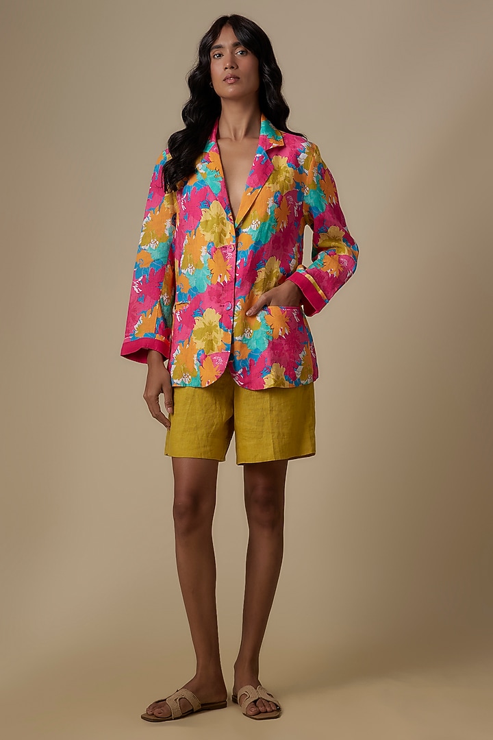 Fuschia Linen Printed Blazer by Linen Bloom at Pernia's Pop Up Shop