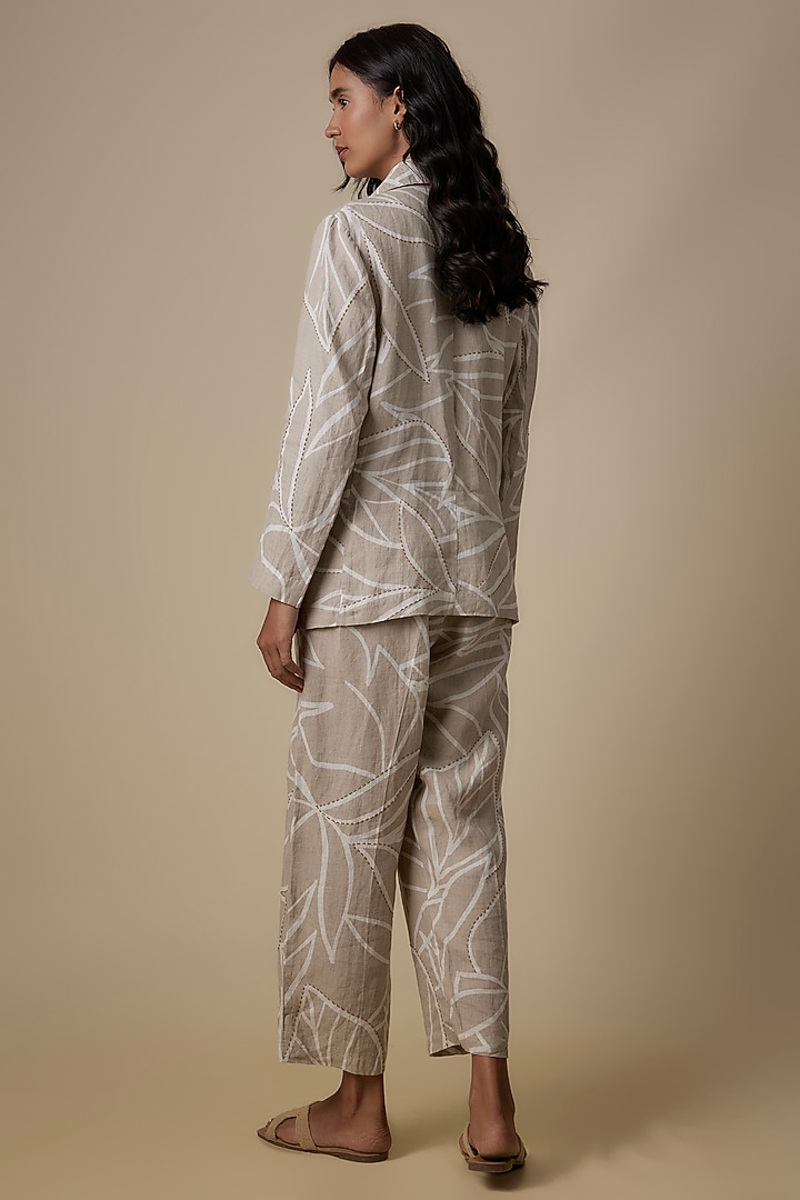 Beige Linen Printed & Kantha Work Blazer Set by Linen Bloom at Pernia's Pop Up Shop