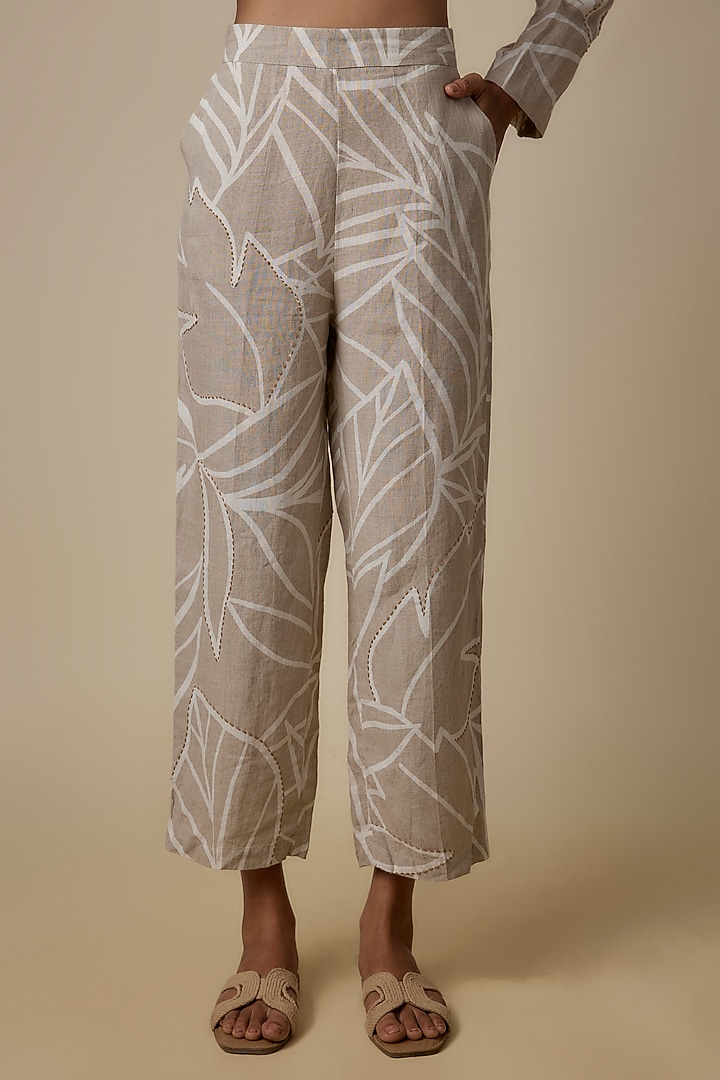 Beige Linen Printed & Kantha Work Blazer Set by Linen Bloom at Pernia's Pop Up Shop