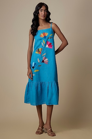 Turquoise Linen Embroidered Dress by Linen Bloom
