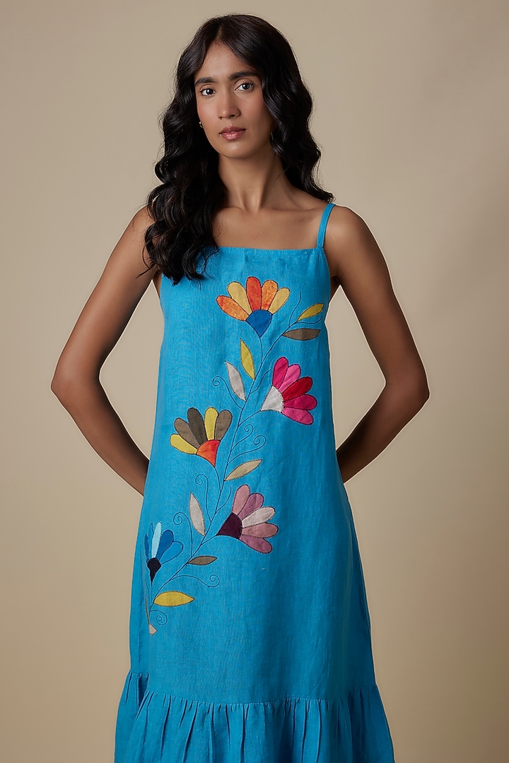 Turquoise Linen Embroidered Vacation Dress by Linen Bloom at Pernia's Pop Up Shop