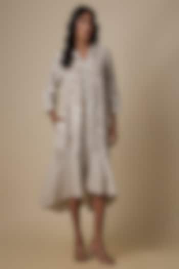Beige Linen Printed & Kantha Work Dress by Linen Bloom at Pernia's Pop Up Shop