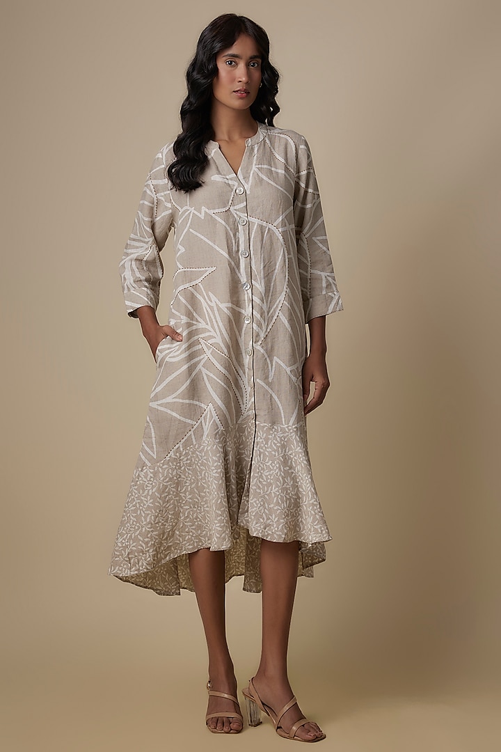 Beige Linen Printed & Kantha Work Dress by Linen Bloom at Pernia's Pop Up Shop
