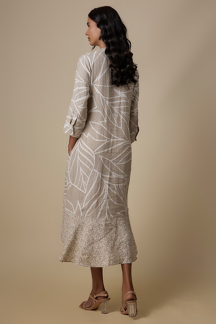 Beige Linen Printed & Kantha Work Vacation Dress by Linen Bloom at Pernia's Pop Up Shop