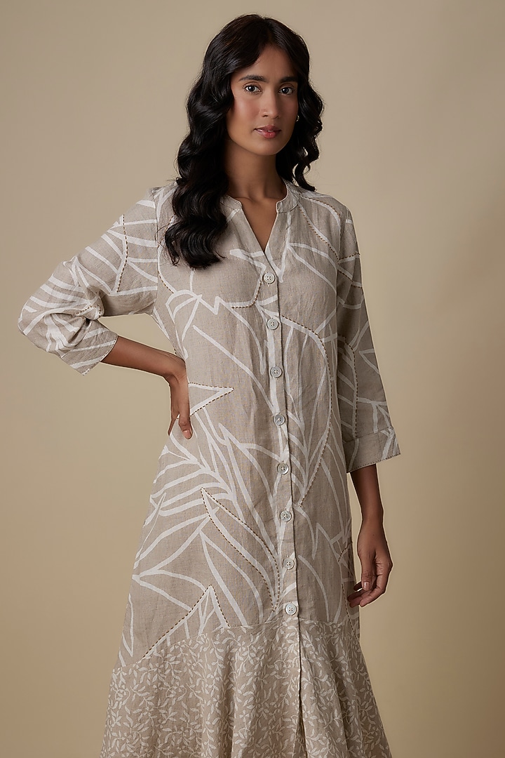 Beige Linen Printed & Kantha Work Vacation Dress by Linen Bloom at Pernia's Pop Up Shop